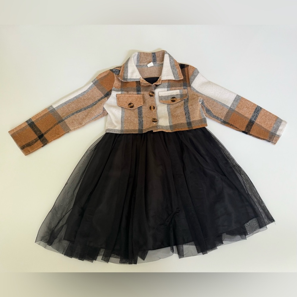 SHEIN Baby Girl Buffalo Plaid Print Jacket & Black Dress